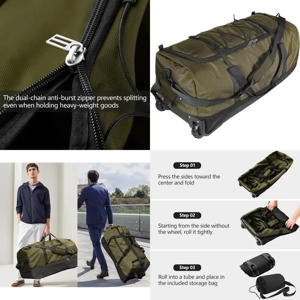 

Expandable 110L-140L Soft-Sided Foldable Duffle Bag with 2 Wheels, 32 Packable Carry-On, Multi-Pockets, Army Green