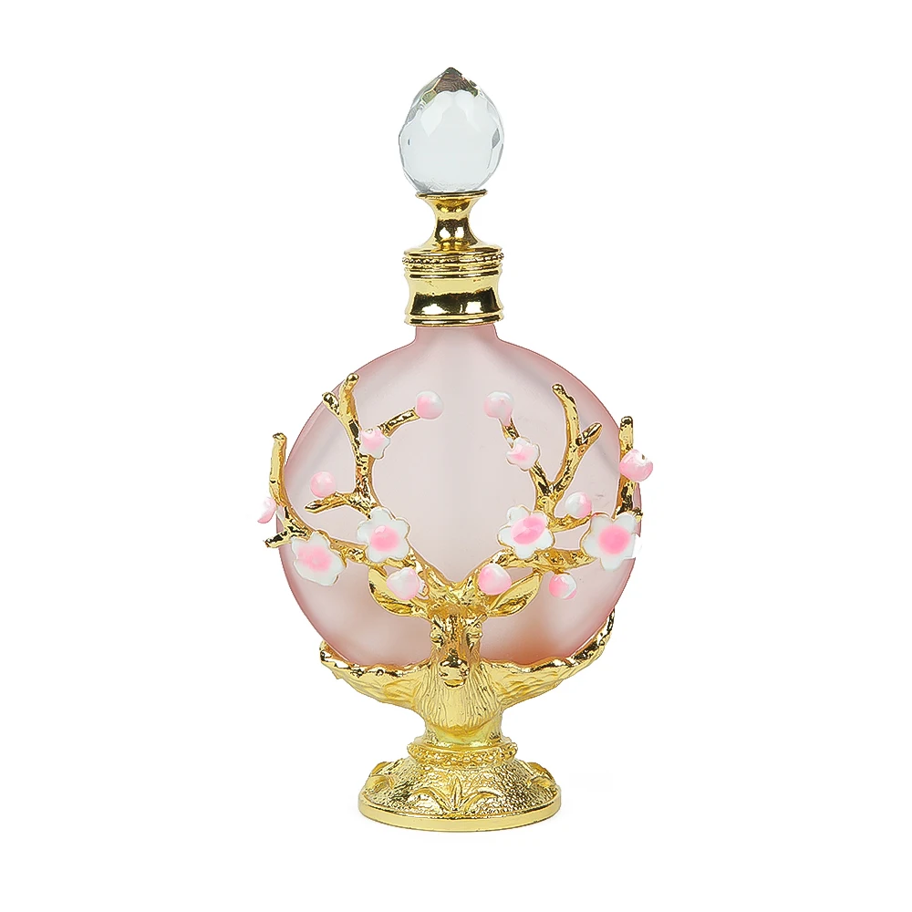 1pc Vintage Perfume Bottle 30ML/1oz Pink Glass 3D Enamel Antlers Plum Blossom Branch Clear Crystal Cap for Cologne Essential Oil