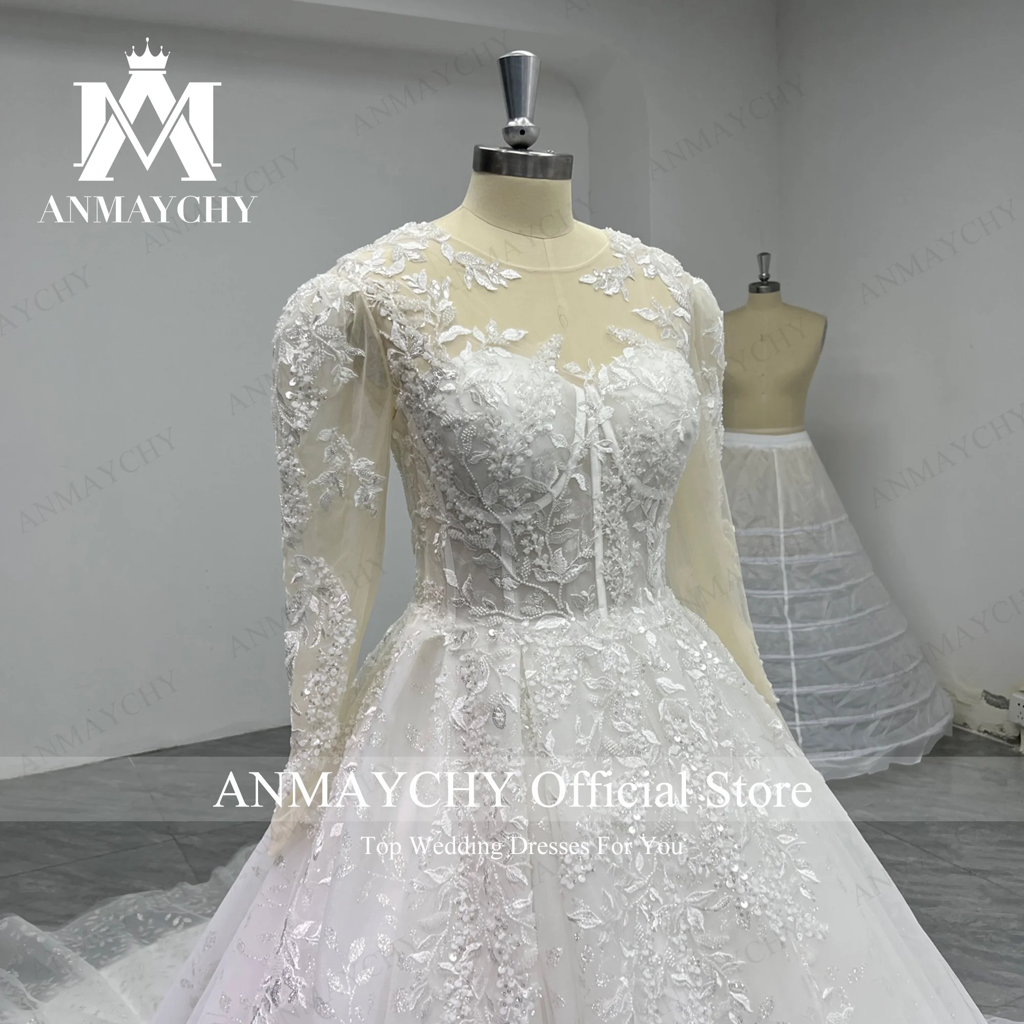 ANMAYCHY A-Line Wedding Dress 2023 Invisible Neckline Beading Appliques Brush Train Wedding Gown Vestidos Elegantes Para Mujer