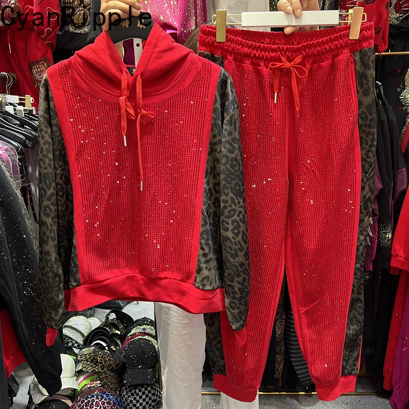 Trendy Autumn Women Hoodie Set Leopard Splicing Long Sleeve Hot Diamonds Hooded Pullover Top + Elastic Waist Casual Harem Pants