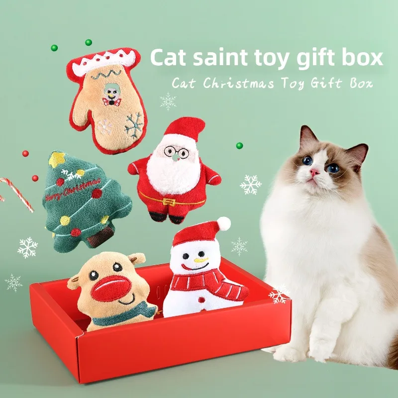 

2025 Hot Seller Cat Christmas Toy Gift Box Pet Plush Cartoon Christmas Tree Santa Claus Snowman Built in Catgrass Mint Bell