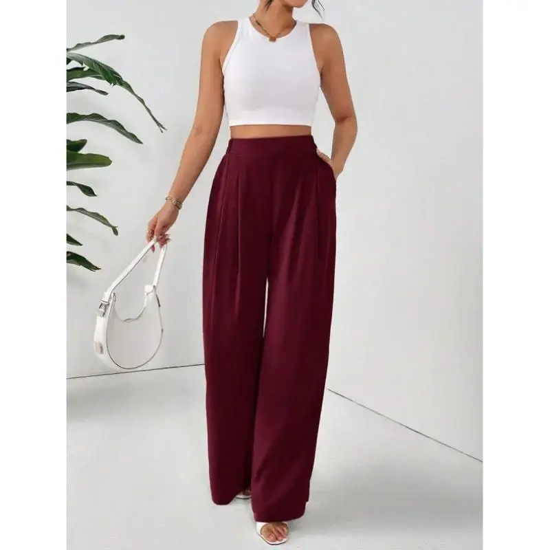 

P 50096 Women's Pure Color Pleated ket Wide Leg Loose Basic Sle Cross-Border orts Retro Ciwalk Nine Points Pants