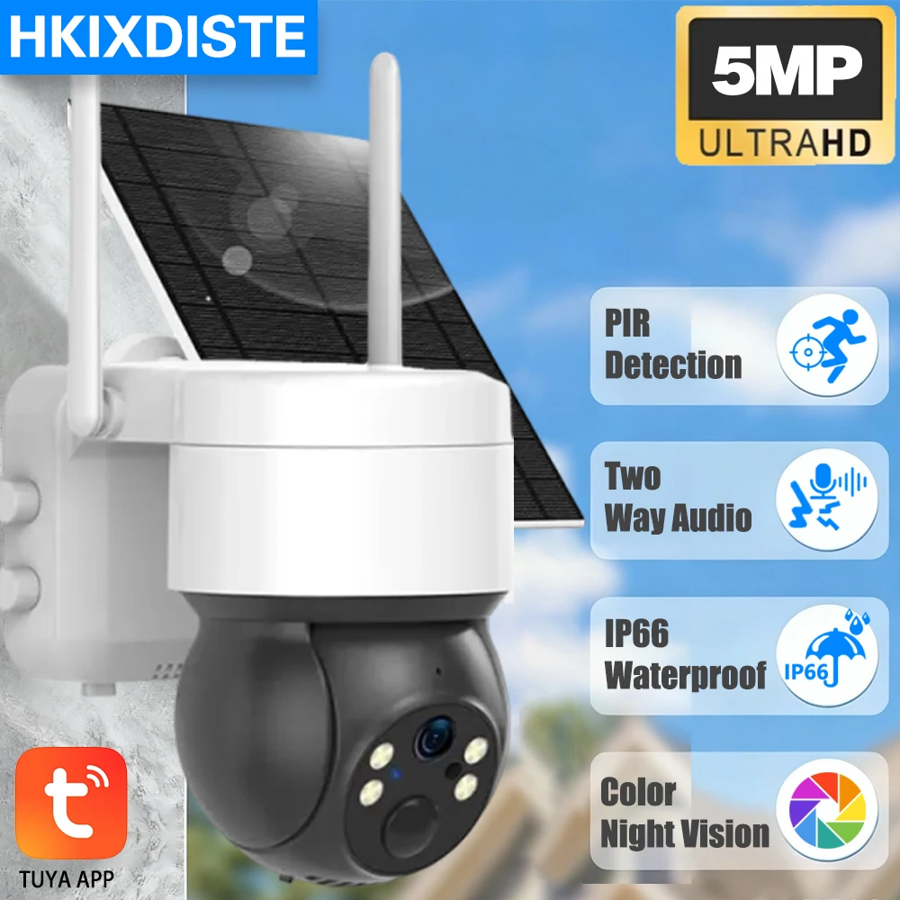 

5MP Tuya Smart Life Wi-Fi Батарея Солнечная Автоматическая PIR Обнаружение движения Наблюдение Безопасность Открытый PTZ Цветная IP-камера ночного видения