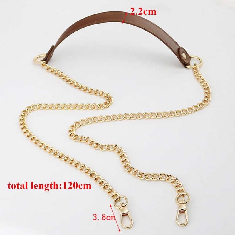 120cm Replacement Shoulder Crossbody Bag Strap Black PU Leather Handle with Gold Silver Metal Chains Messenger Chain Bag Belt