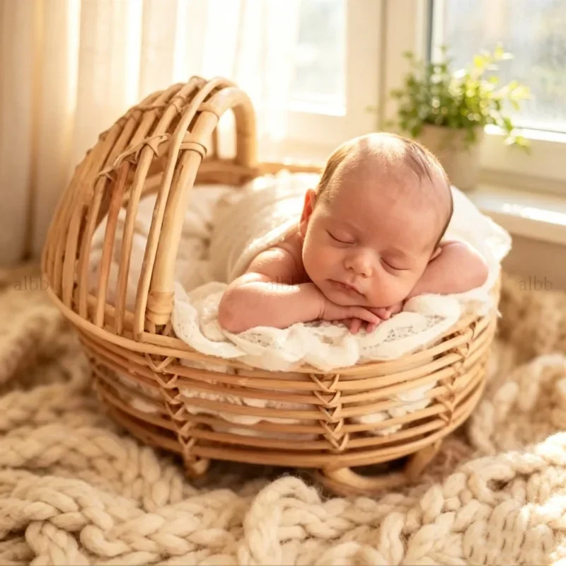 Newborn Infant Photography Props Retro Rattan Crib Baby Pillow Studio Portrait Shoot Accessories 1pc Kids Growth Keepsake Supply
