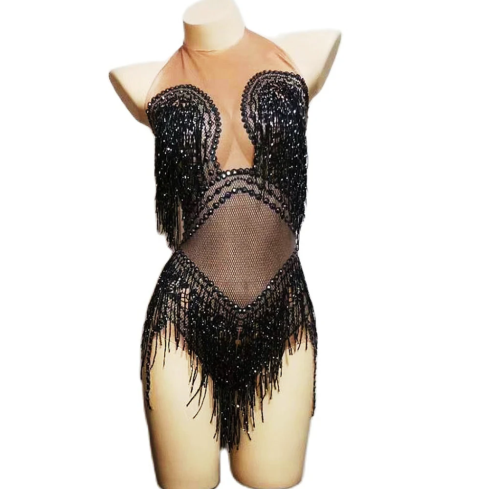 Glanzende Diamanten Zwarte Franjes Vrouwen Bodysuits Nachtclub Paaldansen Podium Dragen Avond Prom Party Verjaardag Vieren Kostuums