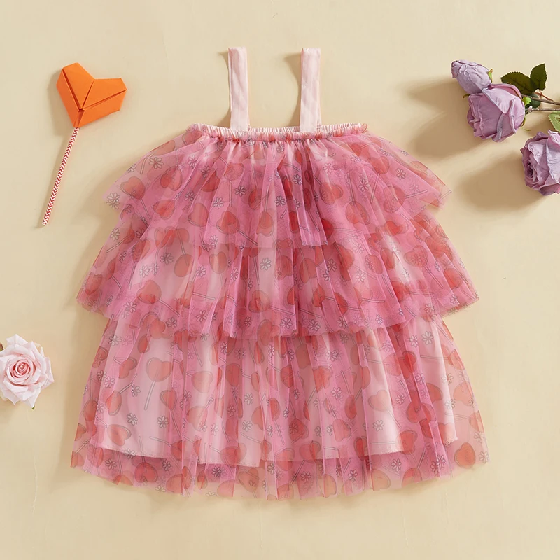 

Girls Valentine s Day Heart Print Ruffle Sleeveless Dress with Layered Skirt - Adorable Toddler Princess Dress for Casual Wear