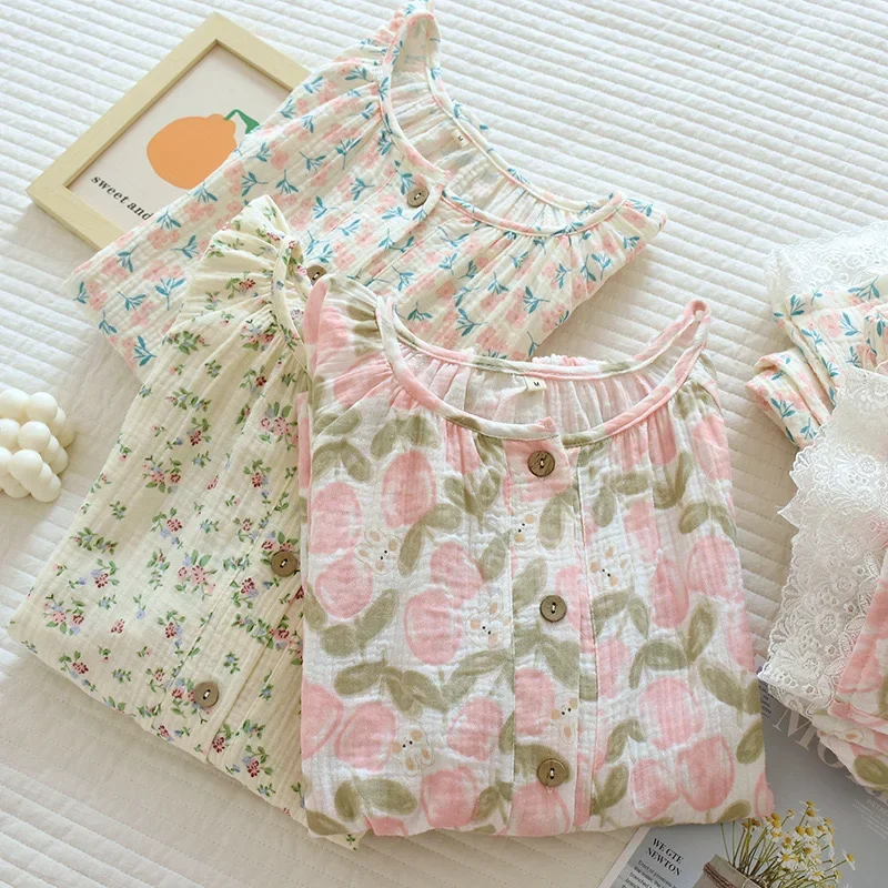 

100% Cotton Long Sleeve Floral print Pajama Set For Women Autumn Homewear Long Sleeve Pants Loungewear