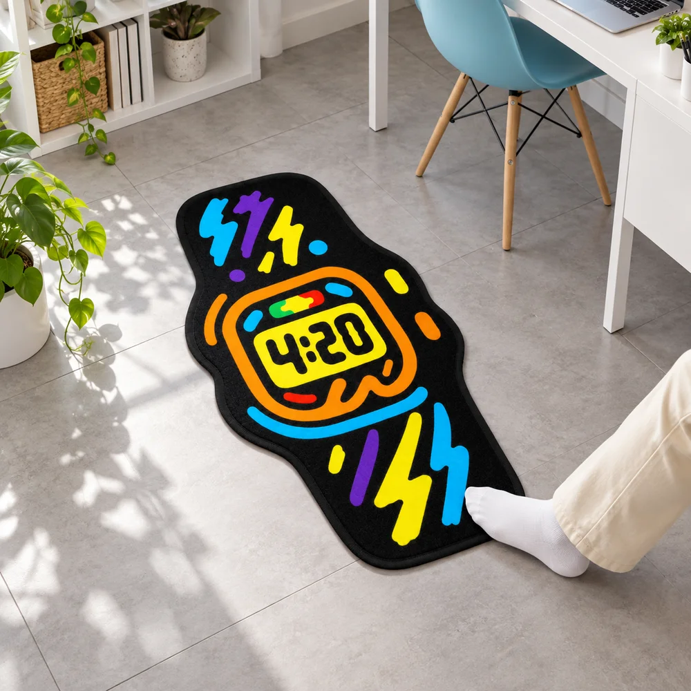 Retro Digital Watch Shaped Flannel Rug with Colorful Lightning and 4:20 Display for Entryway Bedroom Studio and Home Decor