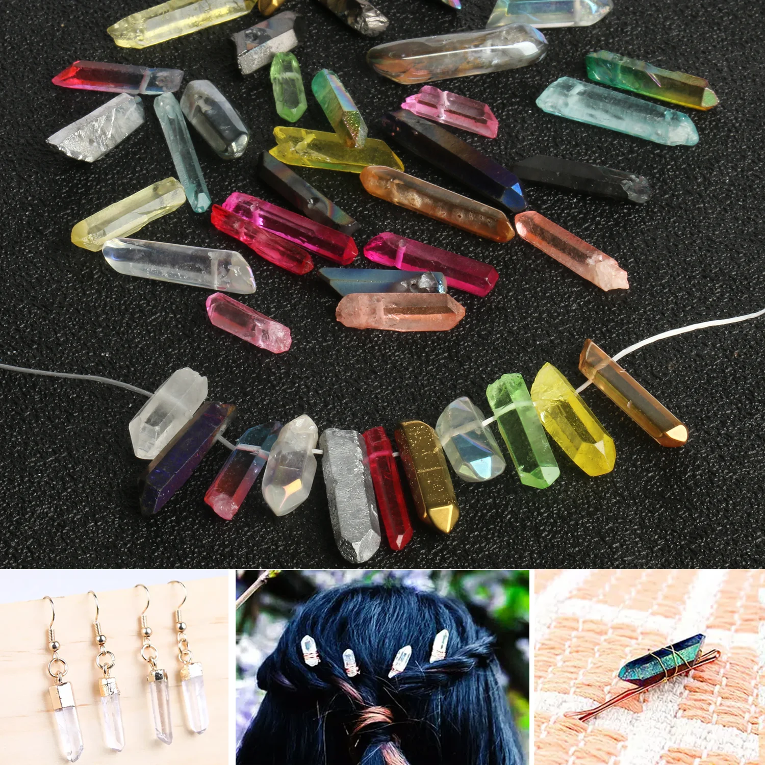 10pcs/Lot Natural Gradient Quartz Crystal Stick Beads Bulk Drilled Plated Crystal Loose Spike Points Bead For Jewelry Making DIY