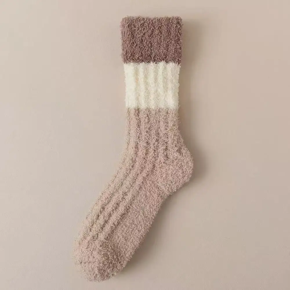 

3Pairs Creative Thickened Coral Fleece Socks Stripe Winter Floor Socks Hosiery Sleeping Mid Tube Socks Women Winter