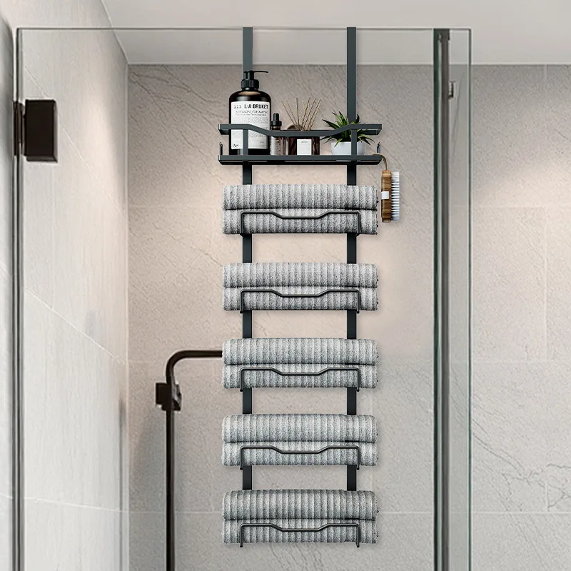 Bathroom Towel Rack Wrought Iron Wall-mounted Bath Towel Storage Rack Toilet Multi-layer Door Rack