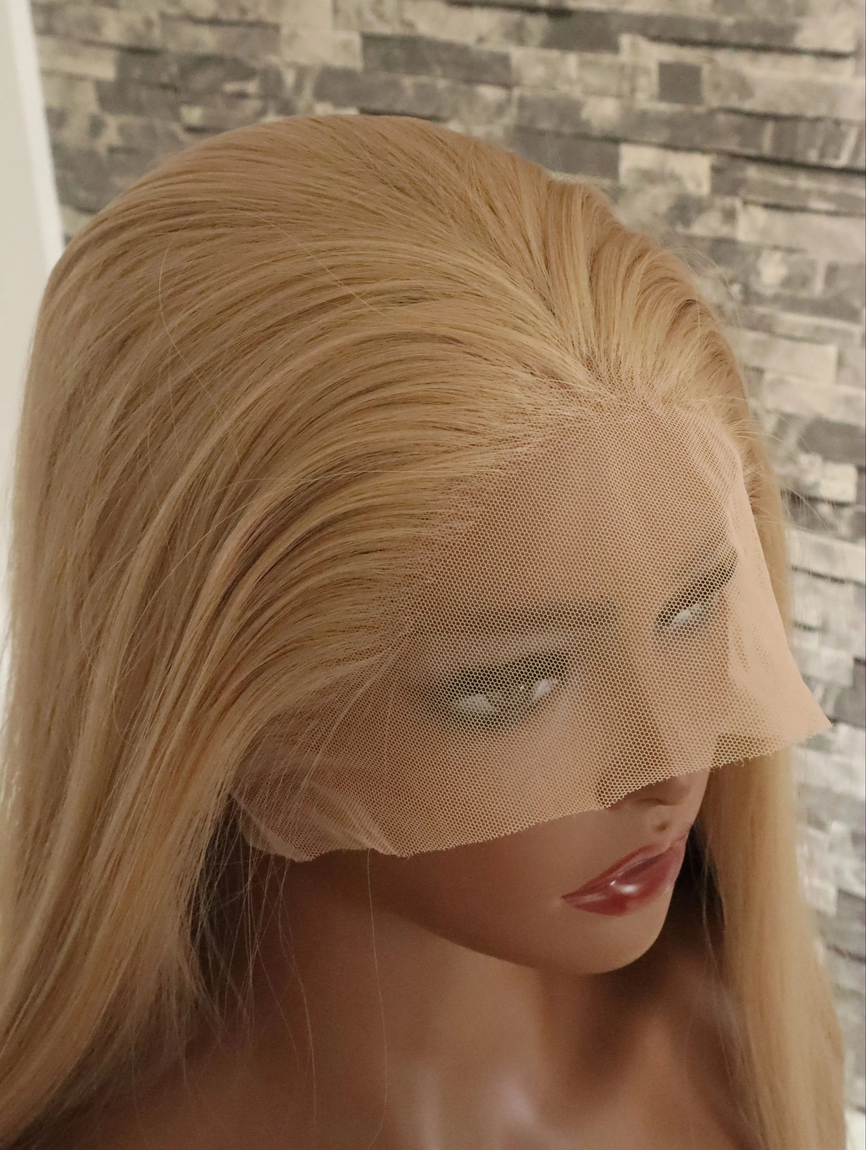 Honey Blonde 13X4 Synthetic Lace Front Wig 26 Inch Long Sliky Straight Lace Wig for Black Women Half Hand Tied Glueless Natural