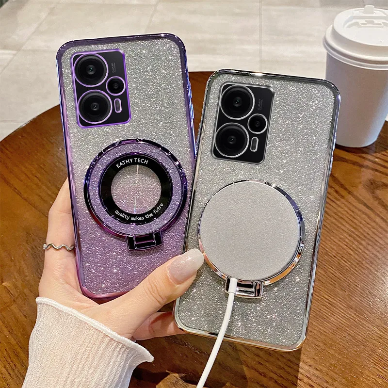 F5 Case For Xiaomi Poco F5 F5 Pro X5 X5 Pro Poco X3 C55 C40  F2 M2 M3 Glitter Magnetic Wireless Charging Bling Holder Cover