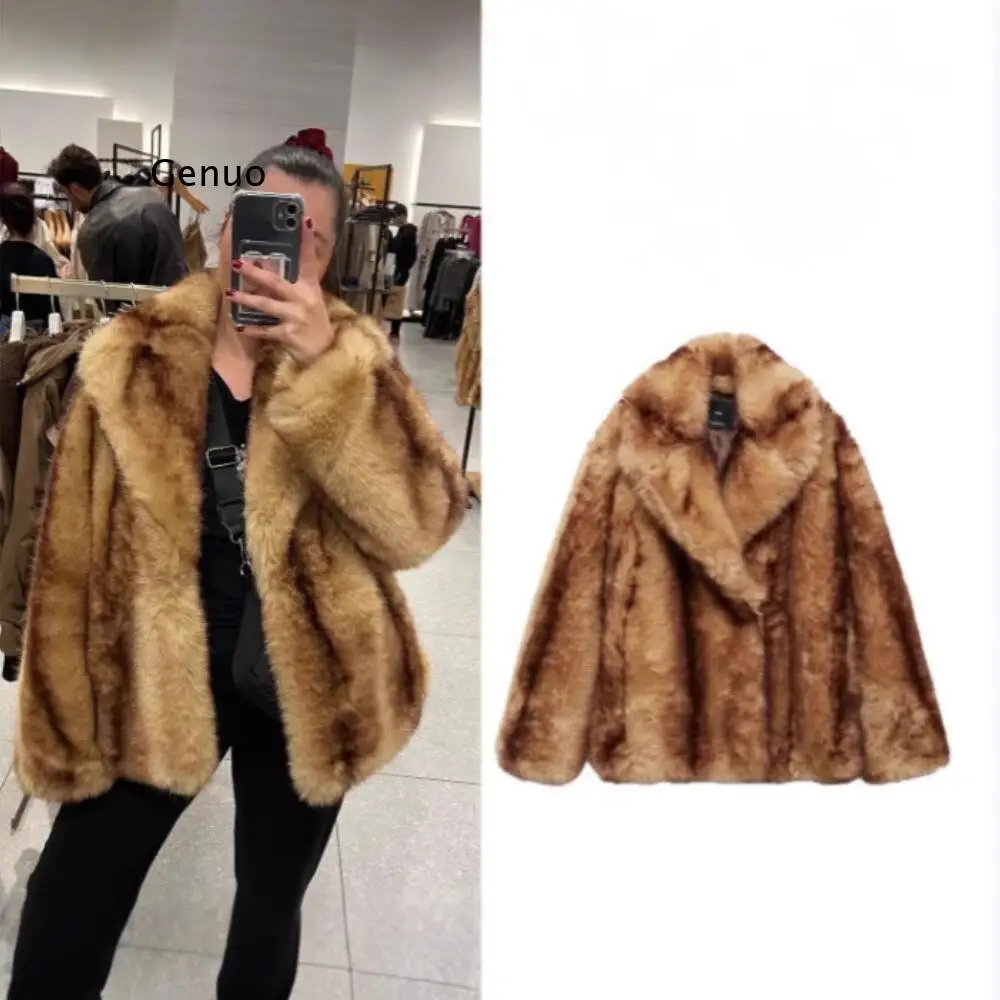 Vintage Brown Elegant Faux Fur Oversized Fluffy Jacket Women's Fashionable Warm Winter Coat with Lapel Collar