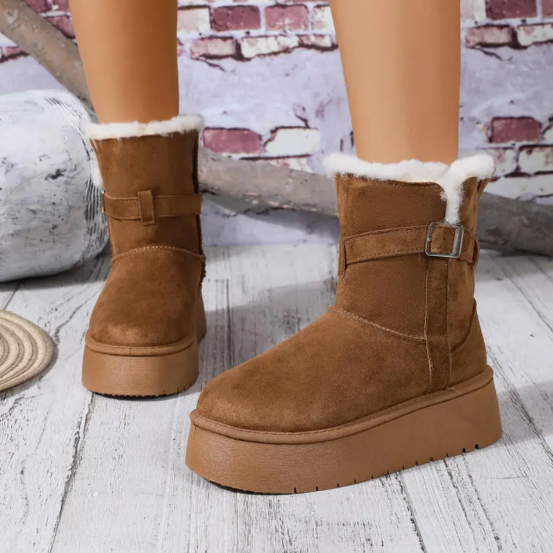 

Metal Belt Buckle Thick Bottom Suede Snow Boots Women 2025 Winter Warm Long Plush Ankle Boots Woman's Fluffy Fur High Booties