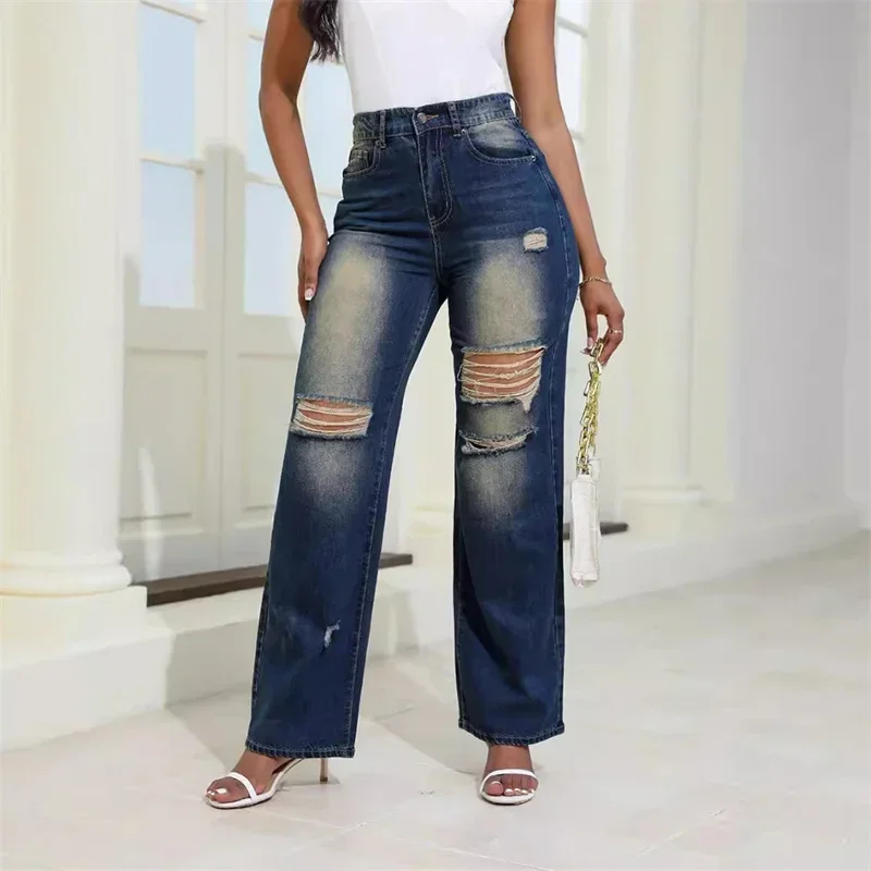 New Vintage Broken Holes Loose Straight Jeans Women High Waist Button Splice Denim Pants Female Trousers Casual Trend Streetwear