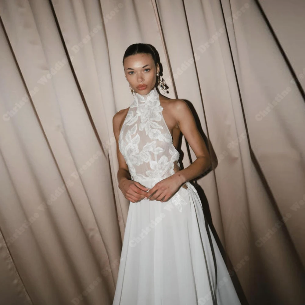 

Elegant Halter Wedding Dresses For Women Lace Appliques Sleeveless Bridal Gowns Mopping Length Vestidos De Novia Customized 2026