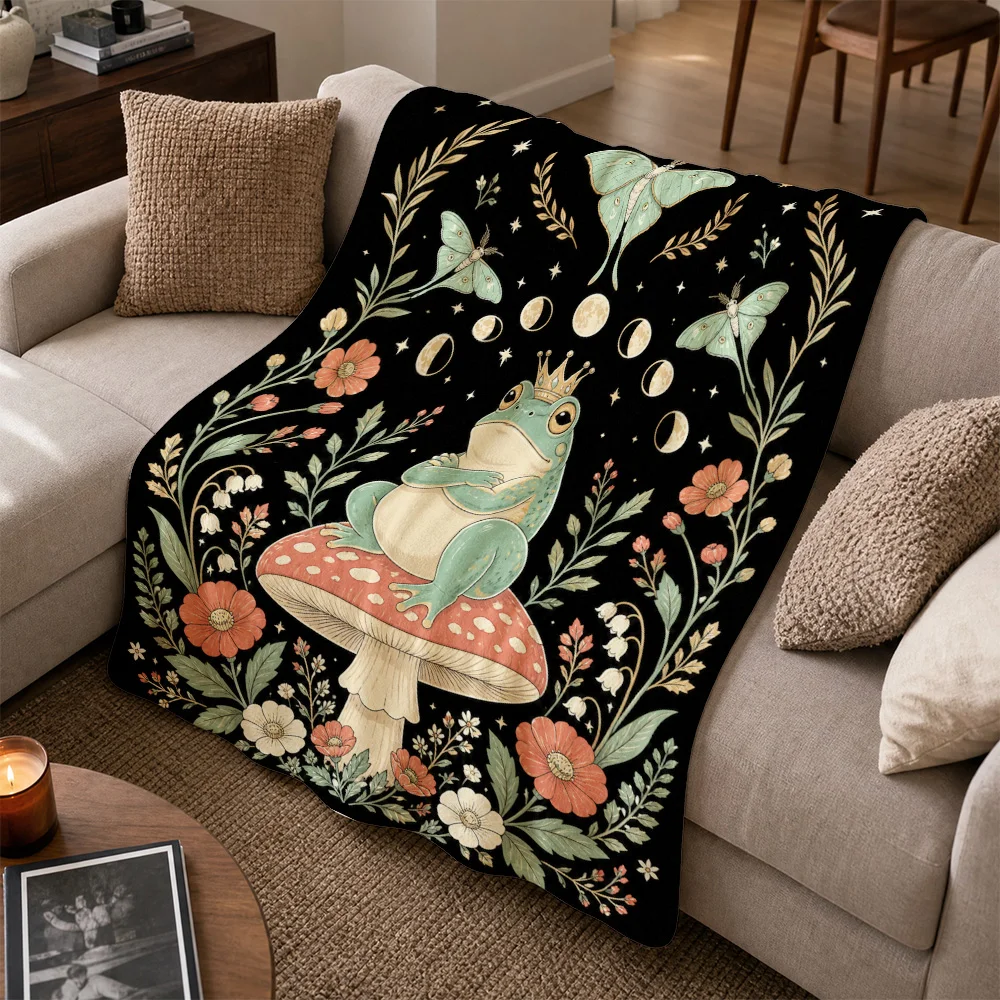 Bohemian Mushroom Frog Cottagecore Throw Blanket Sofa Nap Cover Woodland Forest Art Throw Cozy Decor for Living Room