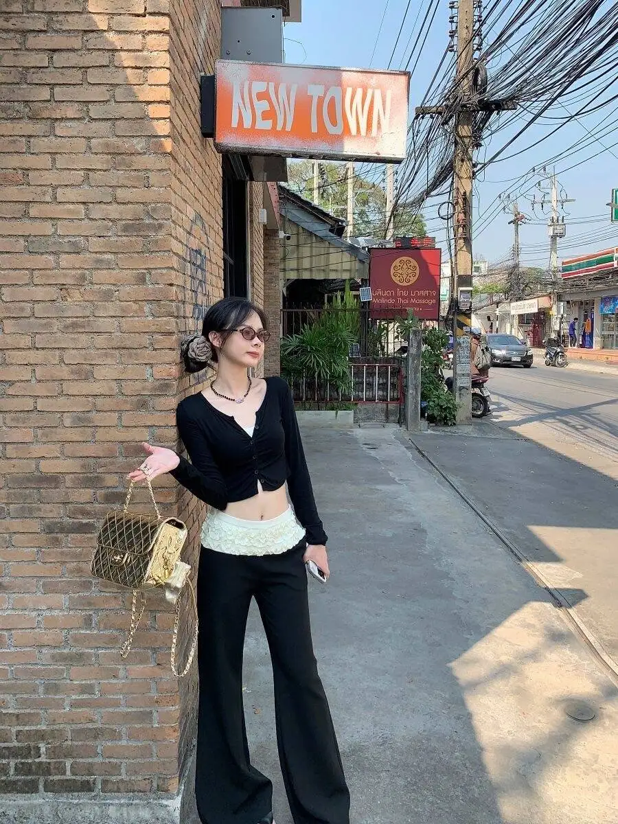 Early Spring Black Casual Flared Women's Suit Pants Ballet Ruffle Belly Cover Hepburn Style Color Block Straight Leg Slimming