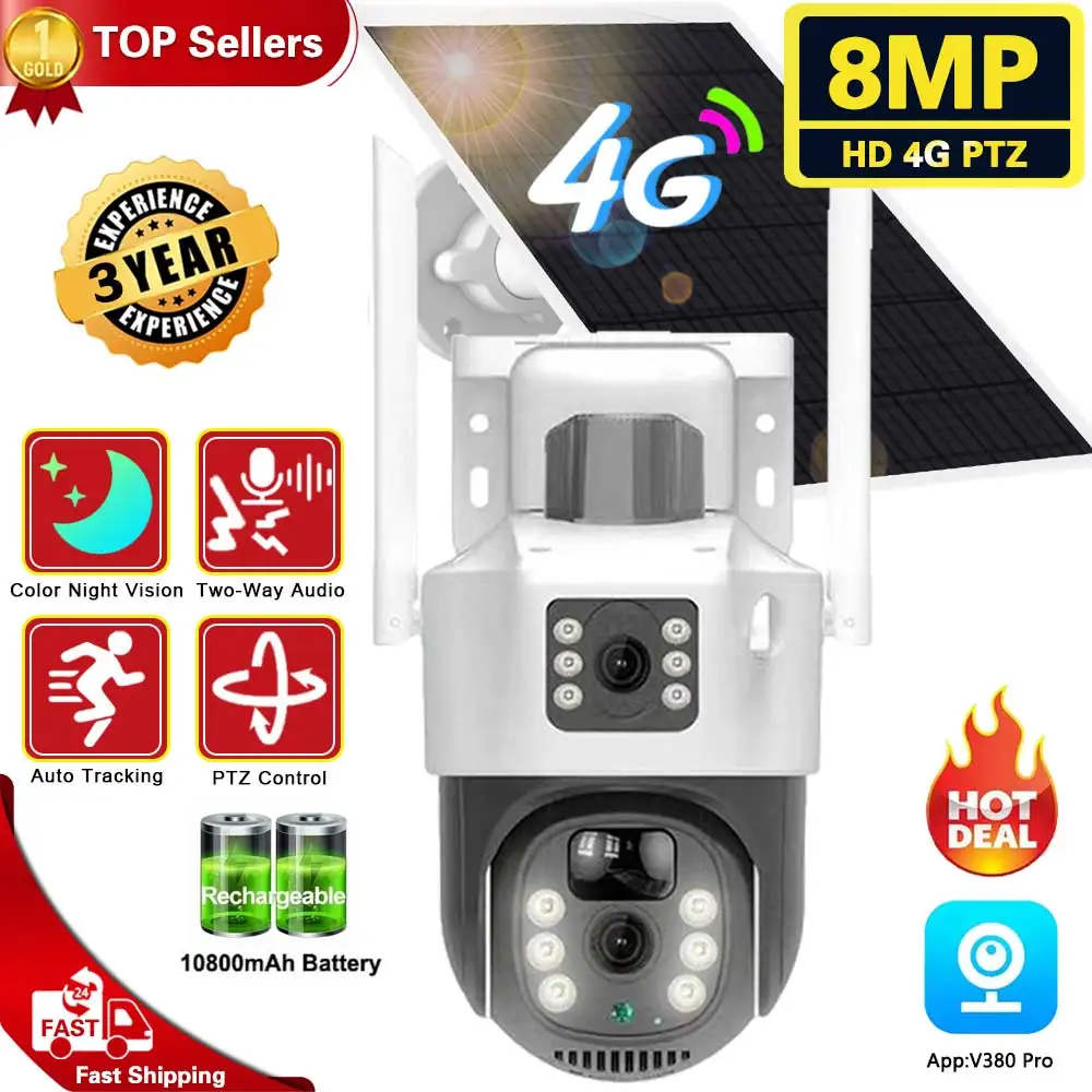 

8MP 4K Outdoor Two Way Audio 4G Dual Lens Camera PTZ Wireless Solar Camera AI Auto Tracking CCTV Surveillance IP Camera Color