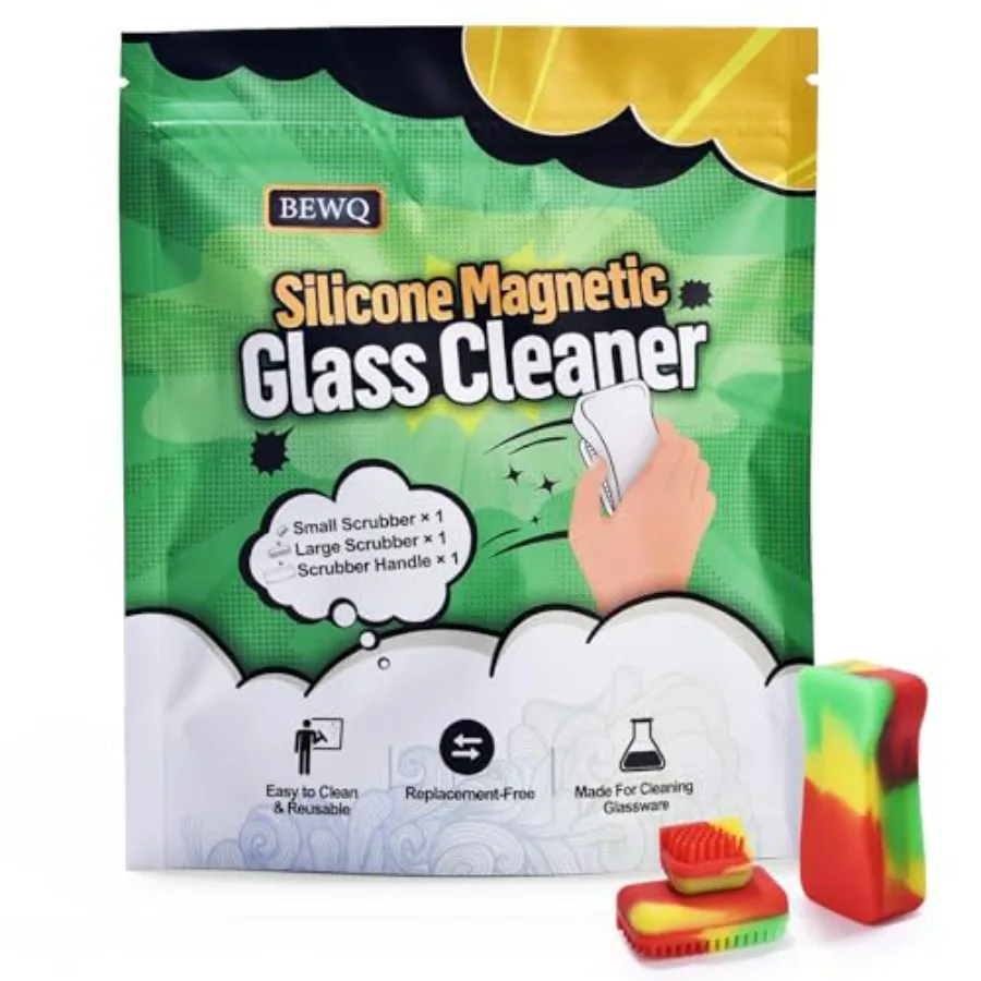 

Magnetic Glass Cleaner Kit - Reusable Cleaning Tool with Handle, 2 Silicone Brushes for Deep Clean of Hard-to-Reach Stains in G