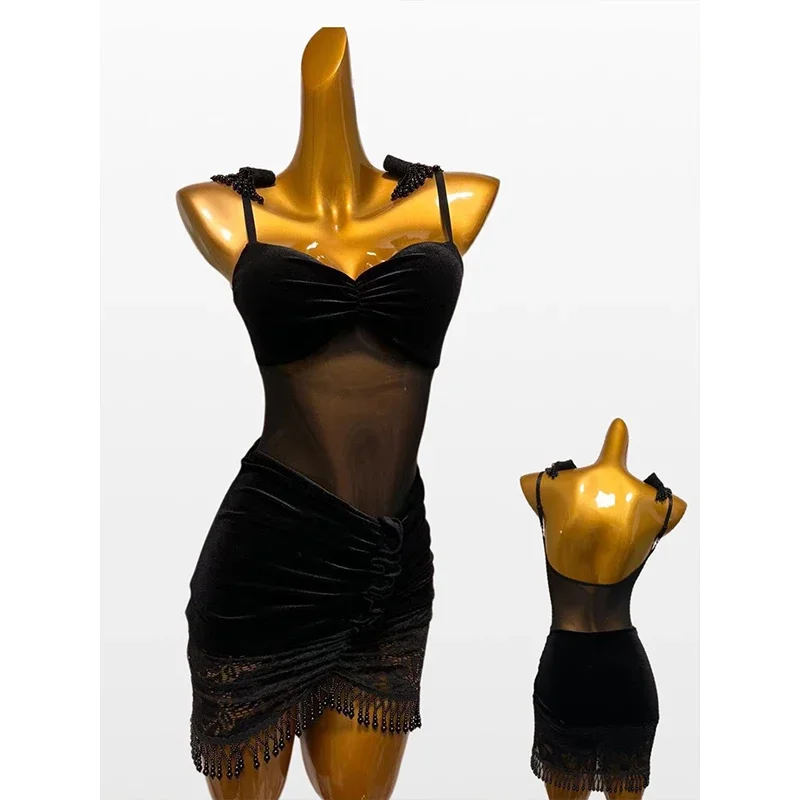 

Latin Dance Dress Women Black Velvet Mesh Lace Sexy Rumba Samba Cha Cha Dance Clothes Party Prom Performance Clothing DNV19311