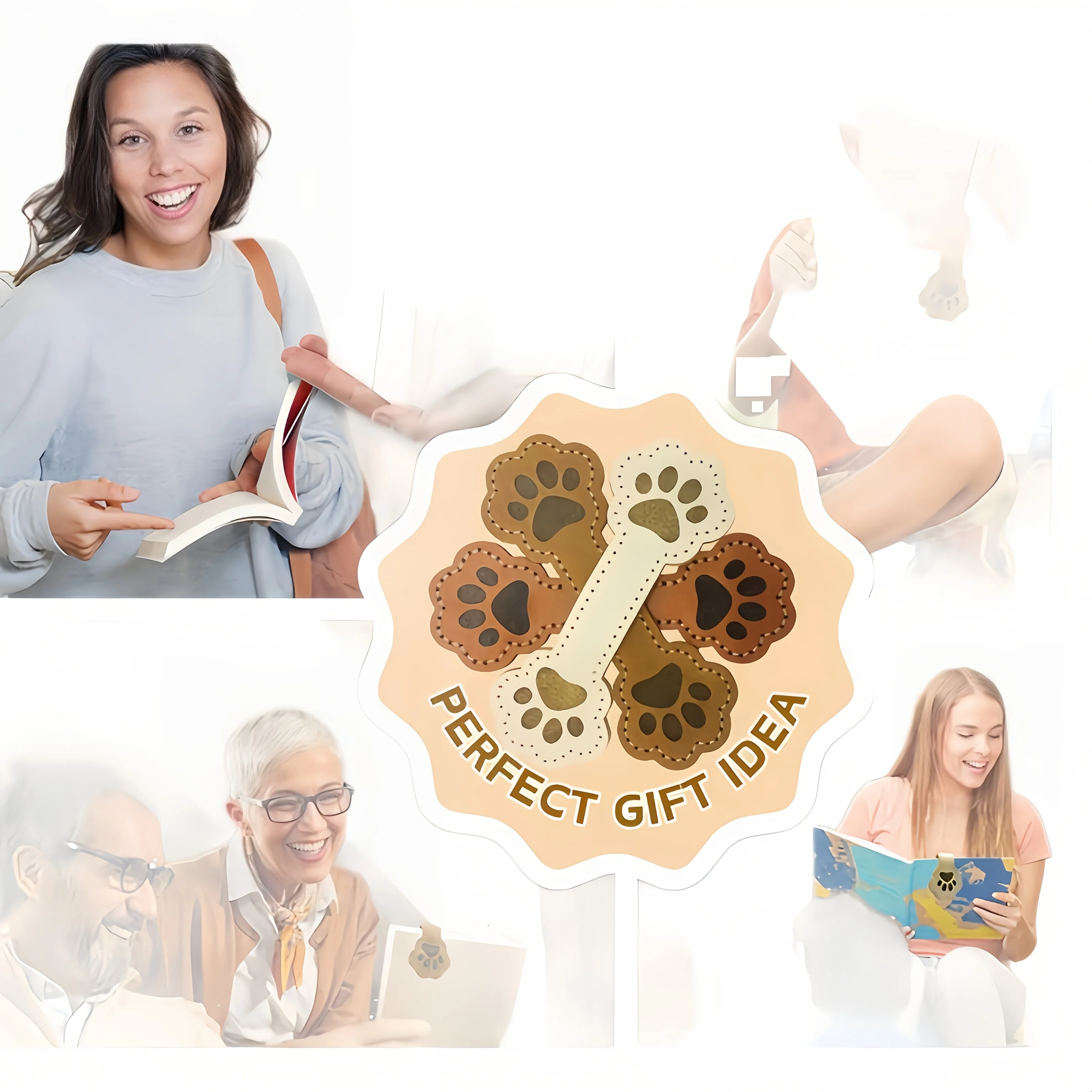 3 قطع من الإشارات المرجعية المغناطيسية المصنوعة من جلد البولي يوريثان على شكل كلب لطيف - جلد PU باللون الأبيض والبني والأسمر مع تصميم مخلب منقوش، مثالي لمحبي الكتب