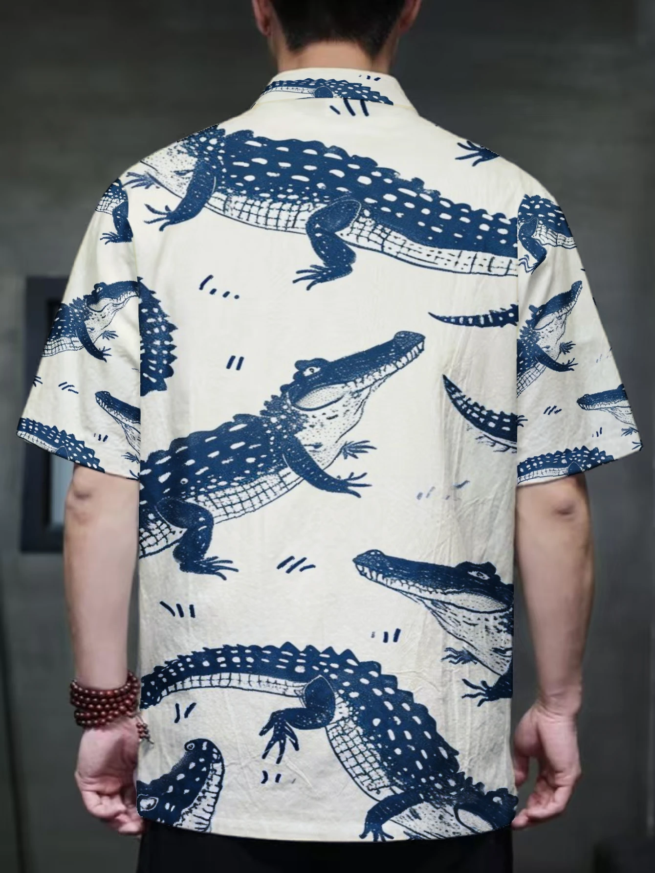 Men Mandarin Collar Frog Button Short Sleeve Shirt Artistic Floral Animal Print Oriental Casual Top With Dual Front Pockets