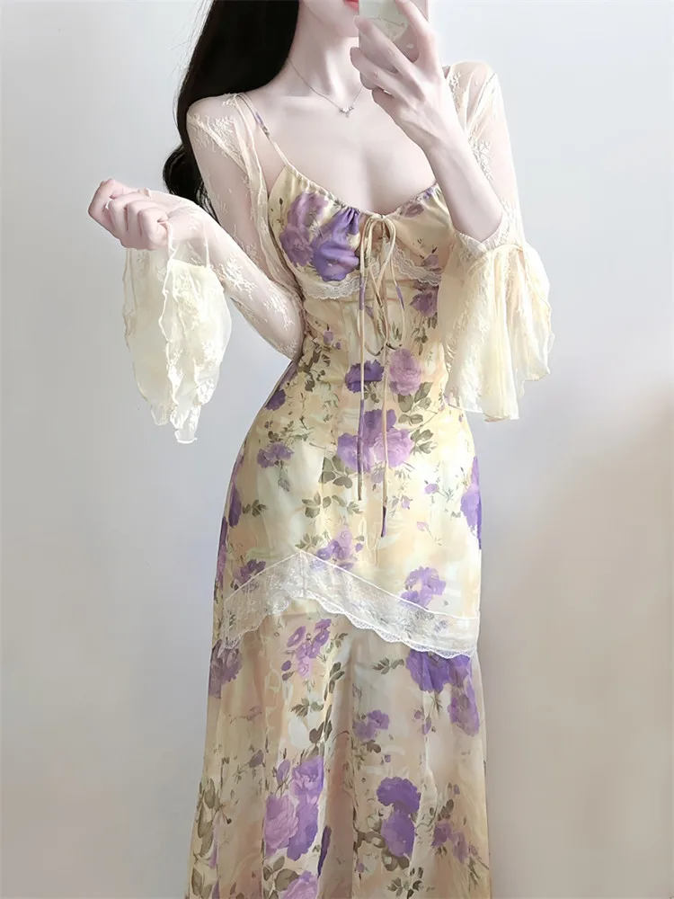 

Gentle Breeze Purple Floral Print Strapl Long Dr Women's Summer New Sle Beautiful Bodycon Fi Tail Gown Ele