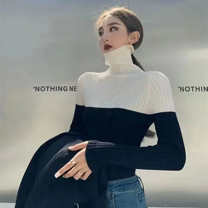 2023 New Spring Autumn Women Undershirts Fashion Koren Simple Office Lady Turtleneck Full SLIM Elastic Women Tops Simple