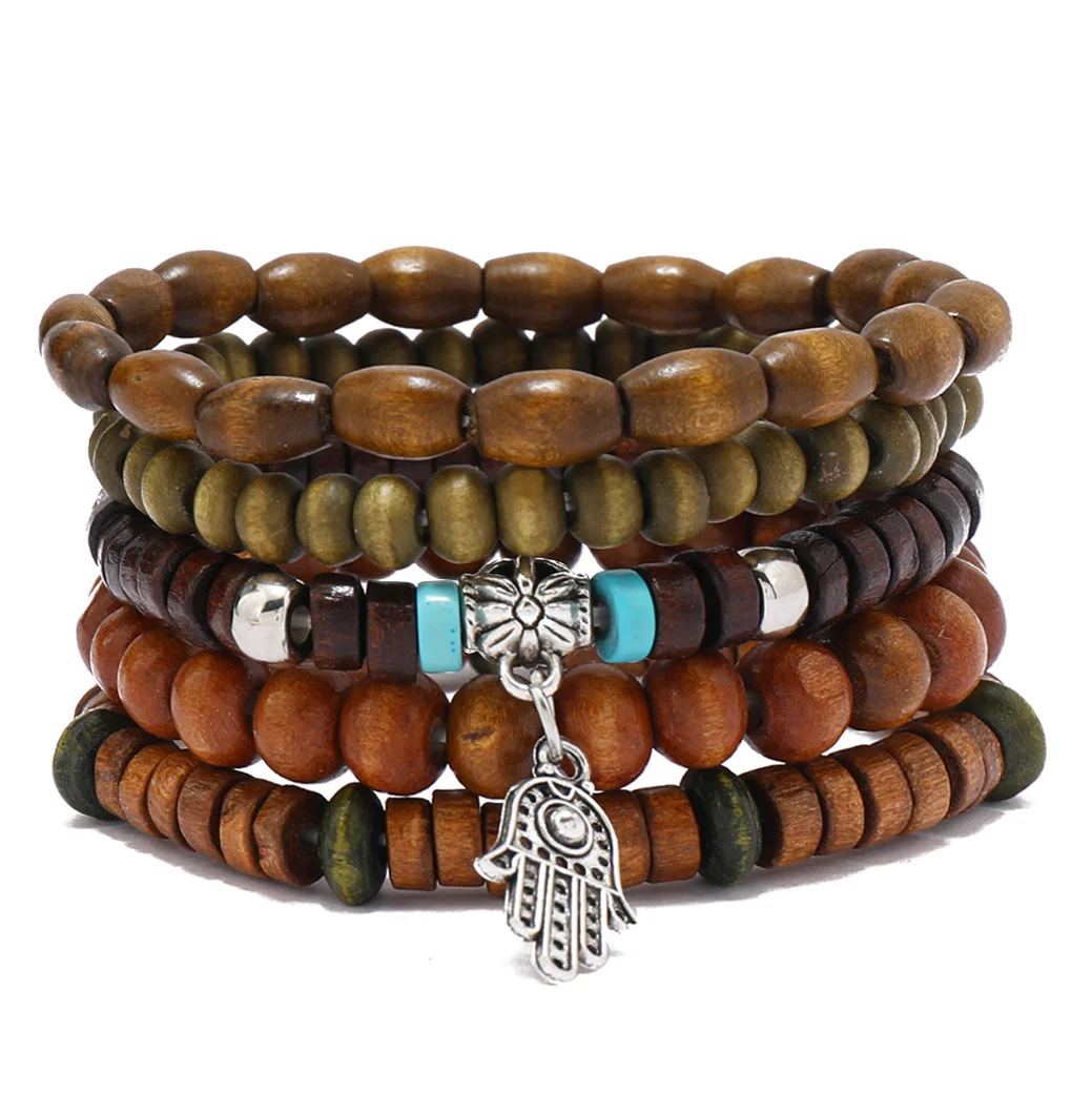Vintage kruis meerlaagse kralen houten kralen herenarmband meerdelige set armband