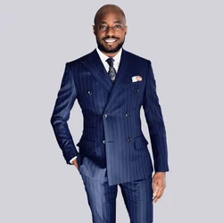 Hot Sell Blue Striped Male Suit Formal Casual Wedding Set 2 Piece Business Peak Lapel Double Breasted Blazer with Pants