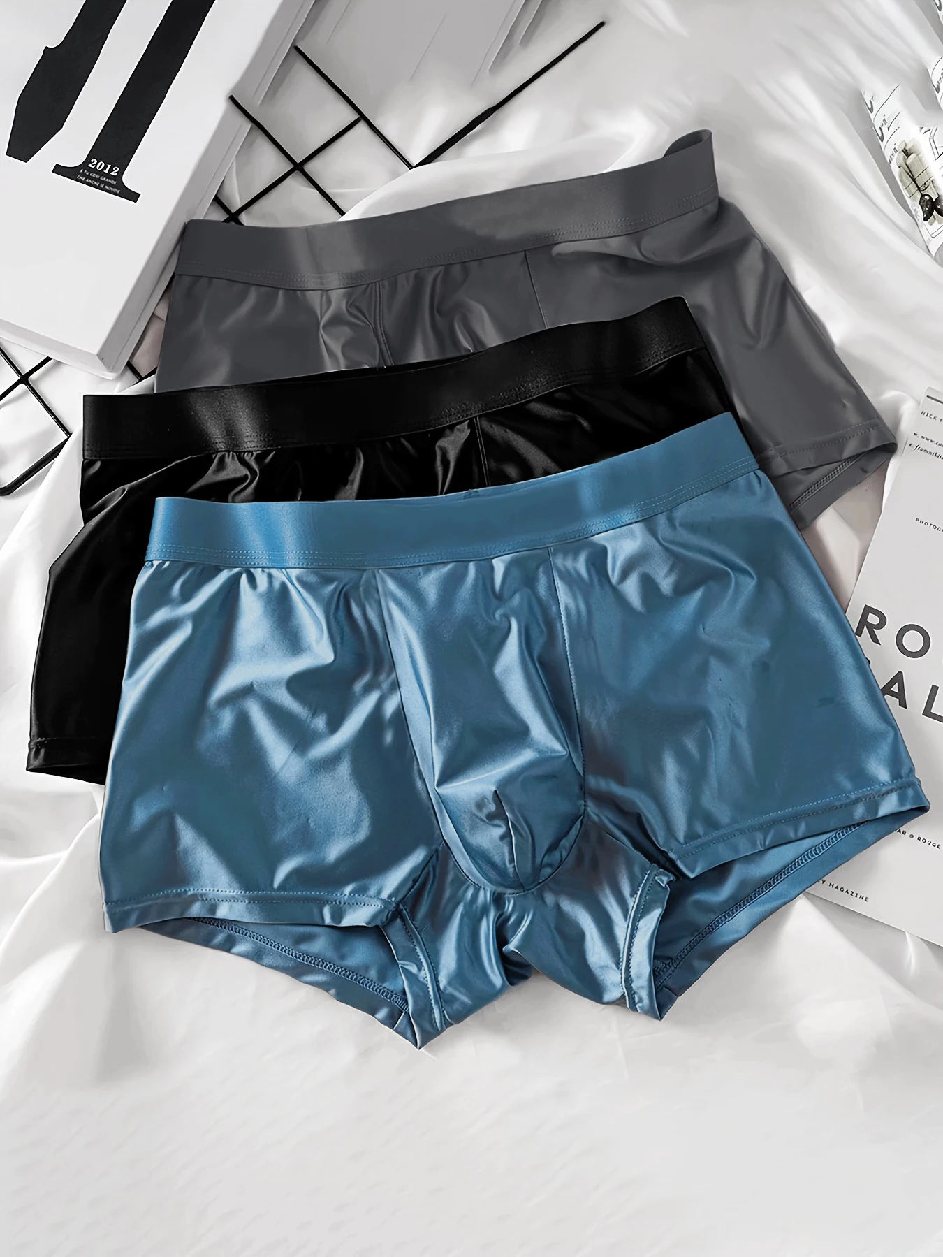 3 Pack Men's Lustrous Silky Boxer Briefs Trio Color Pack Deep Grey Black Steel Blue Contour Support Cool Comfort Underwear