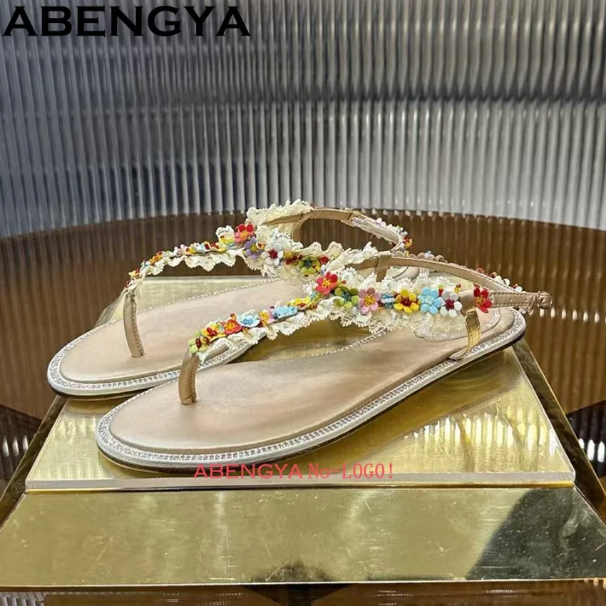 

Summer Flat Sandals Woman FlipFlops Ankle Strap Casual Beach Shoes Woman Sweet Flower Mesh Lace Holiday Women Sandalias Mujer