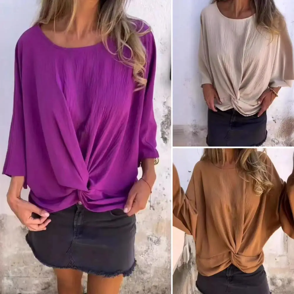 Twist Hem Blouse Stylish Twist Hem Summer T-shirts for Women Loose Fit Solid Color Tees with Long Sleeves Breathable Thin Fabric