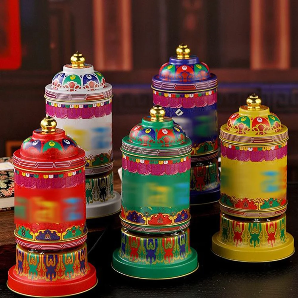 

Tibetan painted electric prayer wheel, Plug-in style six-character mantra drum, Indoor desktop decoration Home Buddhist ornament