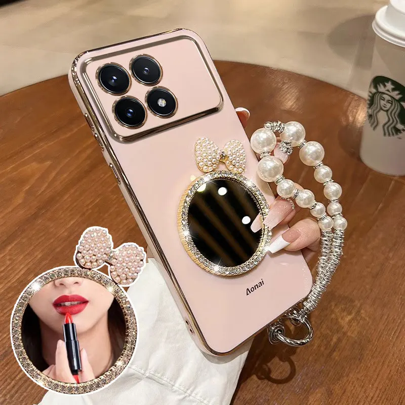 POCO X6 pro case with pearl Lanyard,Luxury Mirror Cover For Xiaomi poco X5 X4 M4 M6 X6 F6 pro Shockproof plating Case pocox6pro