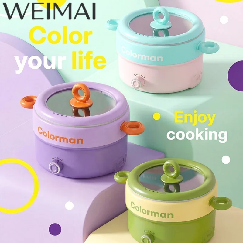 1pc 220V Mini Electric Cooking Pot Dual Power Control 2L Non-Stick Electric Cooker for Dorm Home Kitchen Stir Fry Soup Stew