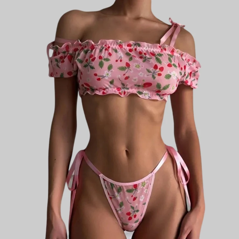 

Tornova, милое розовое эротическое белье, трусики из 2 предметов, женский комплект нижнего белья с вишневым принтом на одно плечо, корректирующее фигуру, чистое желание, романтический комплект нижнего белья