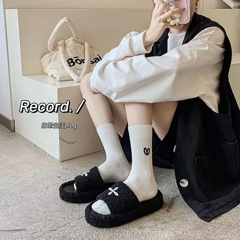 Socks Female Spring and Autumn Ins Fashion Solid Color Heavy Industry Love Embroidery Stacked Socks Mid Tube Sports Socks