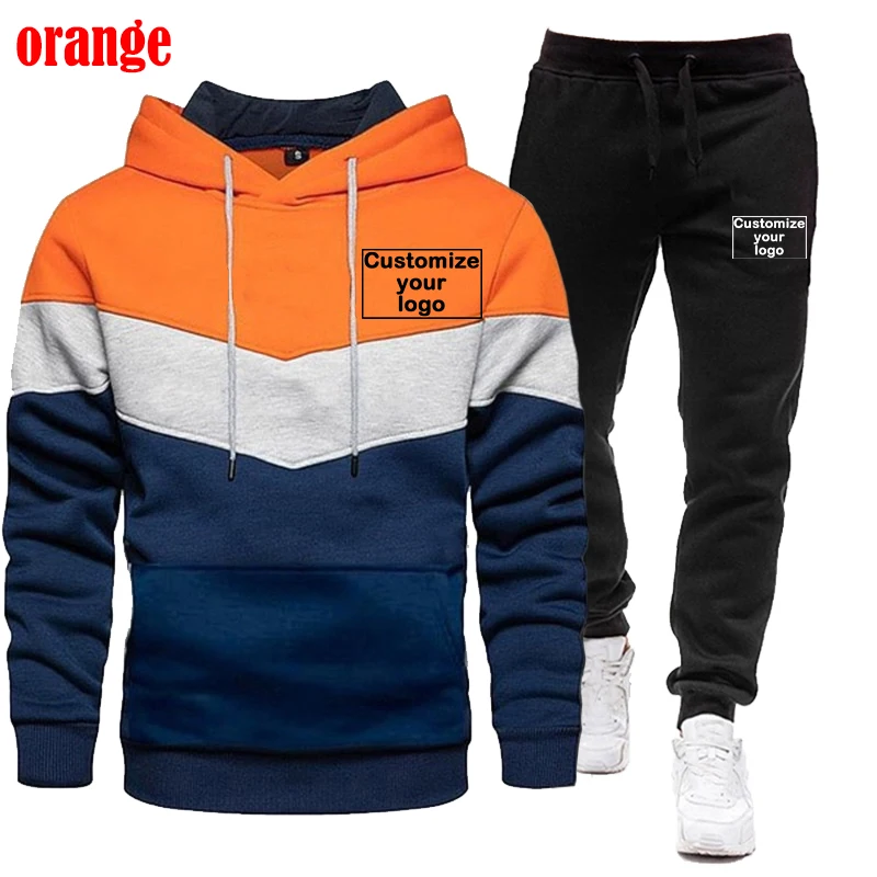 2024 Set sportivo da uomo personalizzato il tuo Logo felpa con cappuccio tricolore Set da 2 pezzi con felpa con cappuccio + pantaloni della tuta Set da Jogging