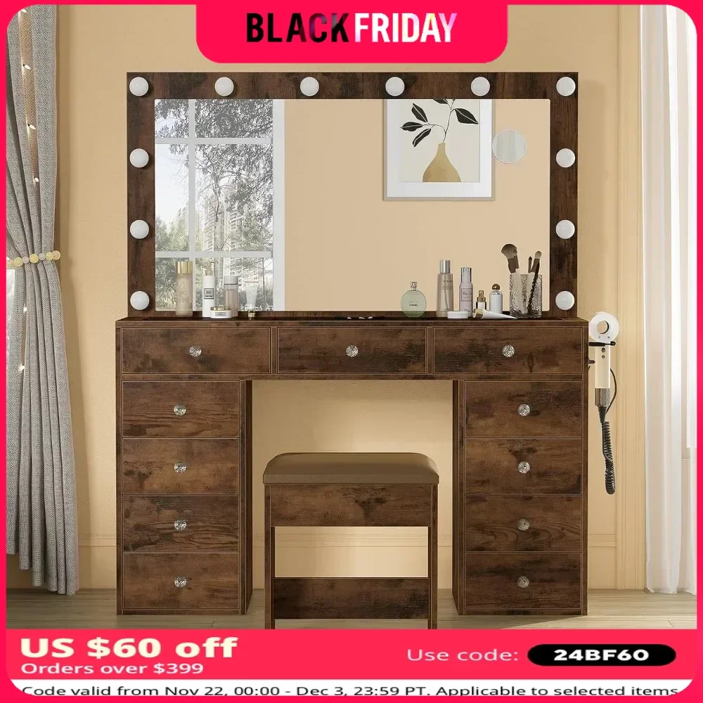 Vanity Makeup Desk with 12 LED Lights 3 Lighting Modes, 11 Drawers Vanity Table with Chair, Dressers for Bedroom