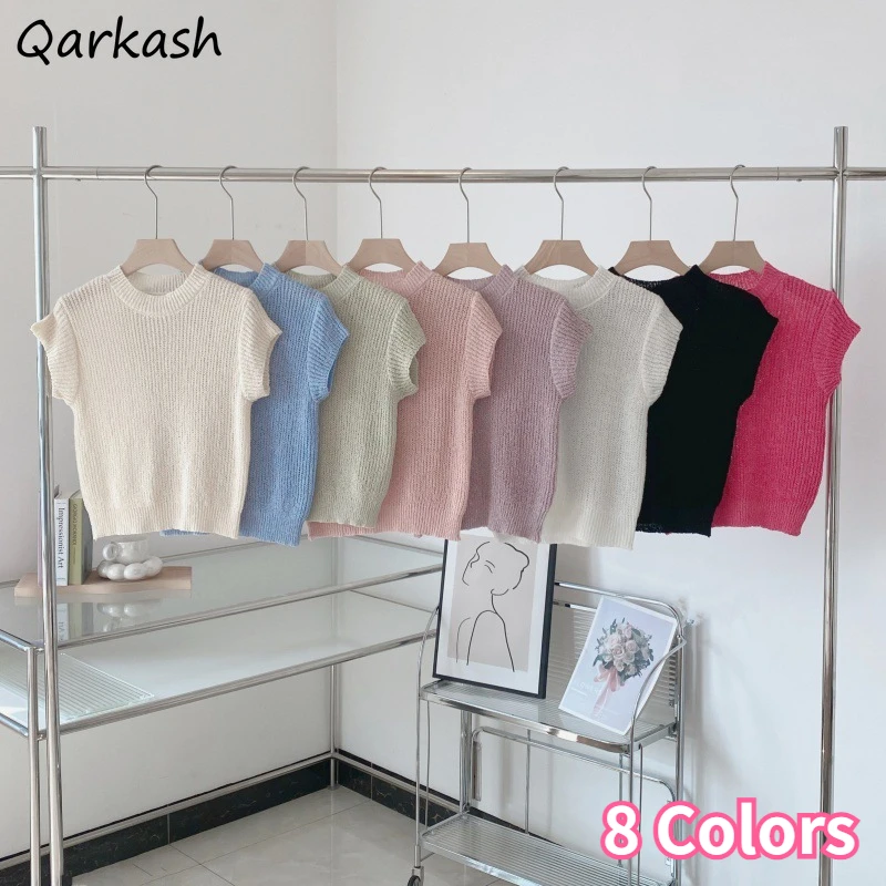 Knit T-shirts Women Summer Thin Kawaii Candy Color Short-sleeved Tops Tender French Style Female Simple Chic Streetwear O-neck