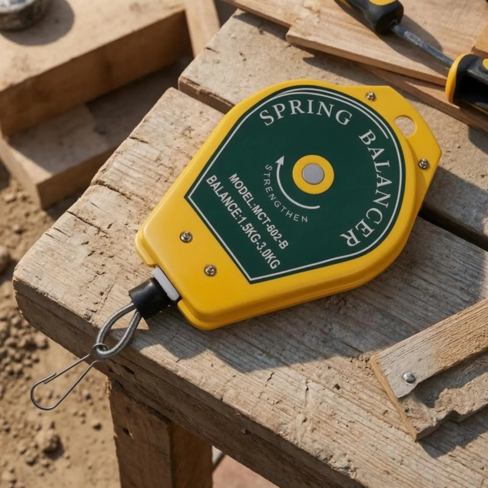 Industrial Tool Balancer Spring Hook Yellow Housing Metal Construction for Handheld Equipment Workbench