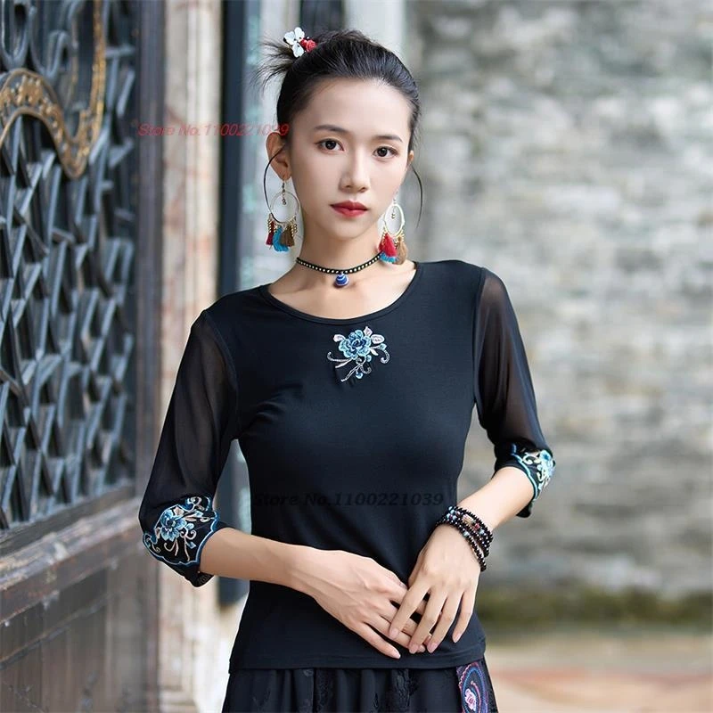 2025 chinese traditional t-shirt national flower embroidery mesh sleeve shirt chinese hanfu tops oriental o-neck base shirt