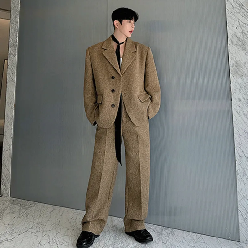 IEFB Autumn Winter Woolen Two-piece Set Temperament Casual Men Clothing Single Breasted Suit Jacket Straight Pants 2024 9C7578