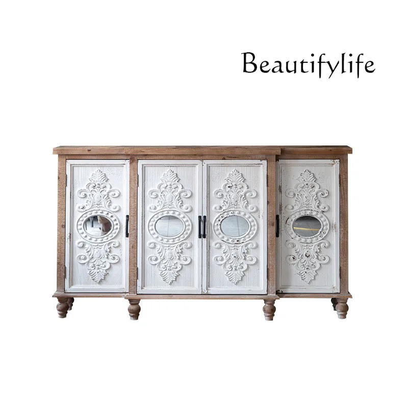 

American Country Living Room Entrance Cabinet White Vintage Distressed Carved Solid Wood Home Decoration Locker