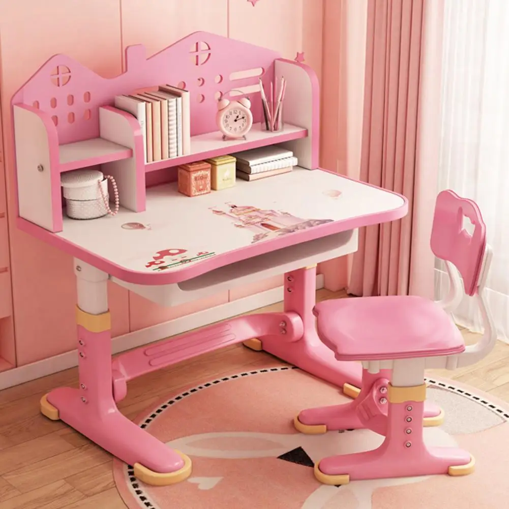 Conjunto de Silla y Escritorio Funcional para Niños, Escritorio de Estudio Escolar Ajustable en Altura con Respaldo en Forma de Castillo