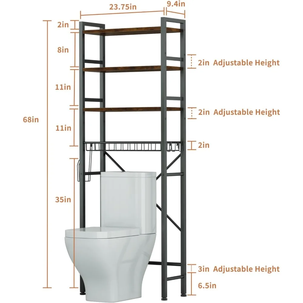 4-Tier Toilet Storage Organizer with Adjustable Shelves, Toilet Paper Holder, and 9 Hooks for Bathroom Space Saving